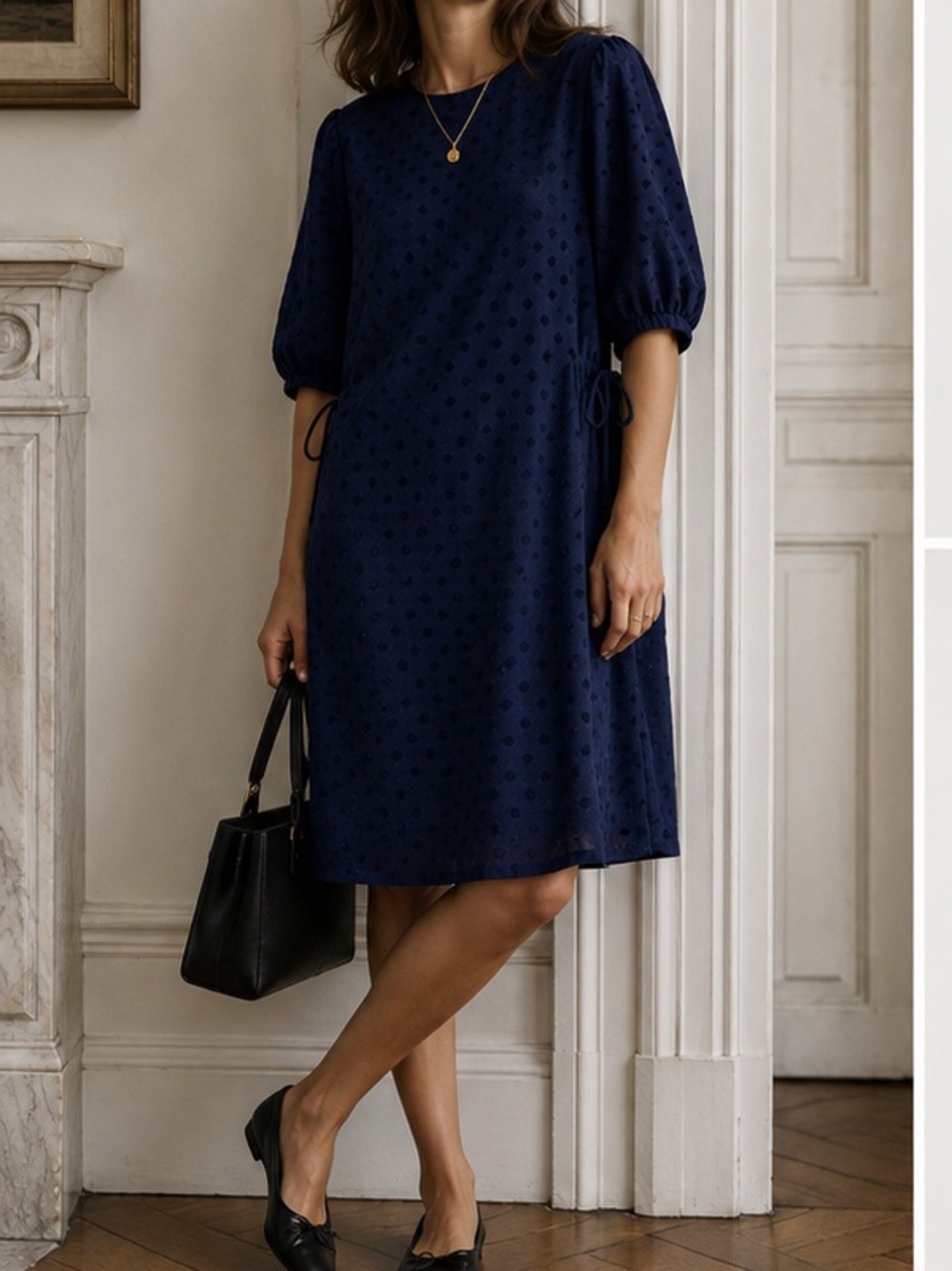 Sandro Lori navy dot dress crew neck half sleeves ties at waist Size 3 / L - Picture 11 of 11